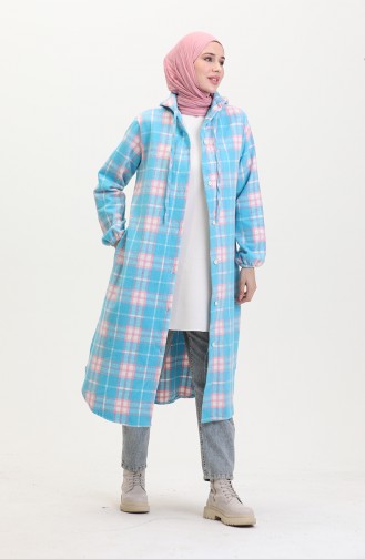 Hooded Plaid Pattern Buttoned Coat 0536-03 Turquoise 0536-03
