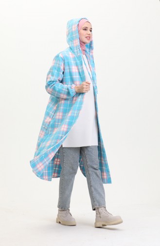 Hooded Plaid Pattern Buttoned Coat 0536-03 Turquoise 0536-03