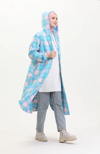 Cape Boutonnée à Motif Carreaux Avec Capuche 0536-03 Turquoise 0536-03