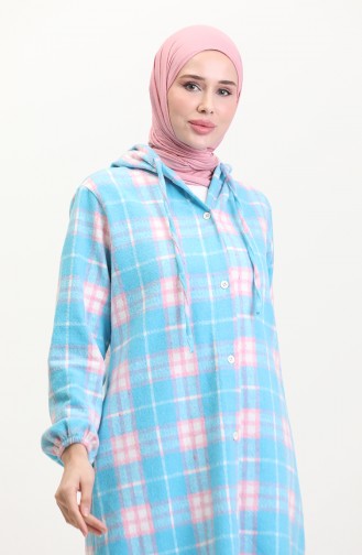 Hooded Plaid Pattern Buttoned Coat 0536-03 Turquoise 0536-03