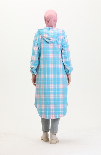 Hooded Plaid Pattern Buttoned Coat 0536-03 Turquoise 0536-03