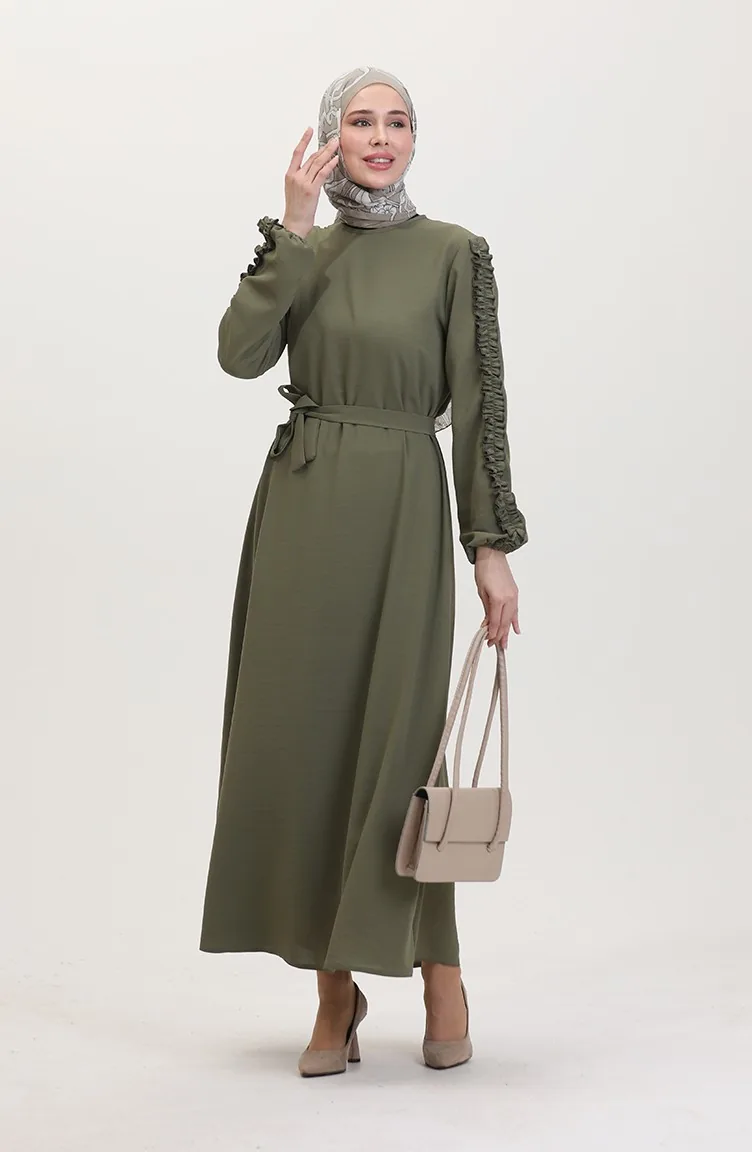 Schlichtes Kleid Mit Rüschenärmeln 2002-12 Dark Khaki 2002-12
