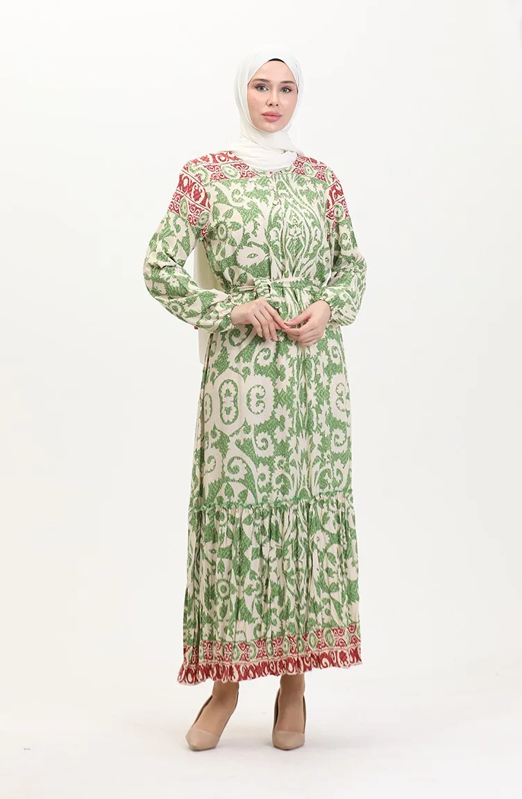 Amelya Viscose-jurk Met Volant En Riem Sml-xl Maat 4588AB-02 Groen 4588AB-02