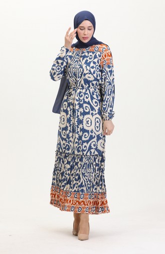 Amelya Farbalı Kuşaklı Viskon Elbise S-m-l-xl Beden 4588AB-03 İndigo