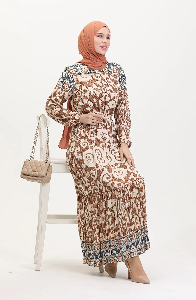 Robe En Viscose Ceinturée à Volants Amelya S M L-xl Taille 4588AB-04 Marron 4588AB-04