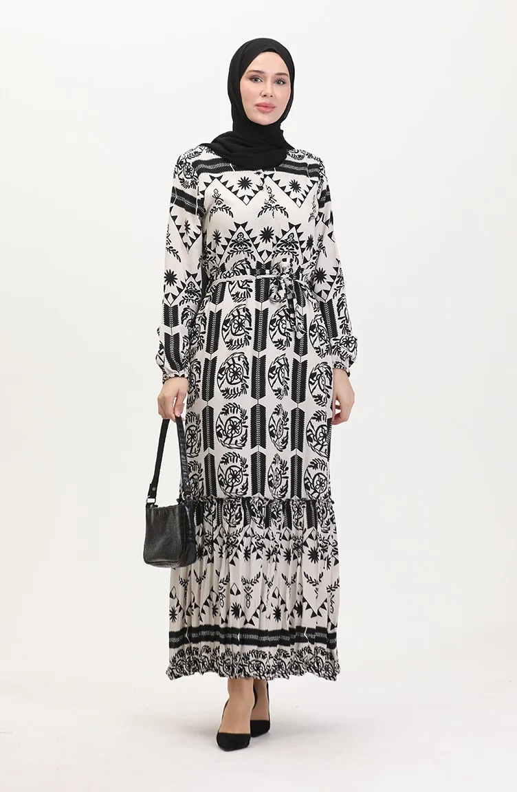 Amelya Farbalı Kuşaklı Viskon Elbise S-m-l-xl Beden 4588AC-01 Siyah