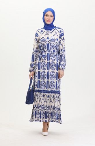 Amelya Farbalı Kuşaklı Viskon Elbise S-m-l-xl Beden 4588AC-02 Mavi