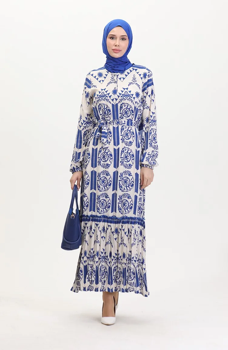 Robe En Viscose Ceinturée à Volants Amelya S M L-xl Taille 4588AC-02 Bleu 4588AC-02