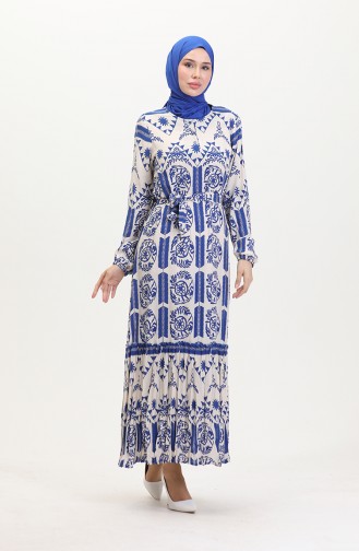 Amelya Farbalı Kuşaklı Viskon Elbise S-m-l-xl Beden 4588AC-02 Mavi