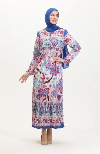 Amelya Farbalı Kuşaklı Viskon Elbise S-m-l-xl Beden 4588AD-01 Turkuaz Kırmızı