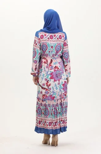 Amelya Farbalı Kuşaklı Viskon Elbise S-m-l-xl Beden 4588AD-01 Turkuaz Kırmızı