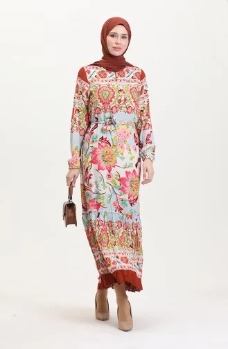Amelya Farbalı Kuşaklı Viskon Elbise S-m-l-xl Beden 4588AD-02 Su Yeşili Kırmızı