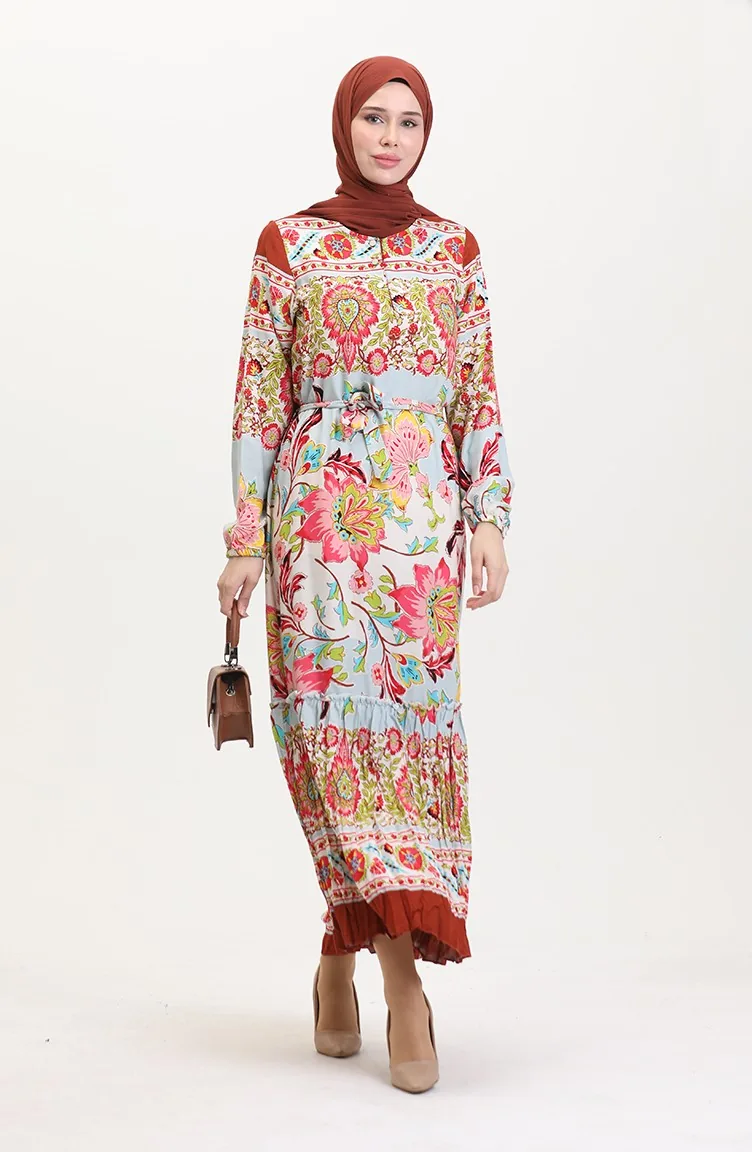 Amelya Farbalı Kuşaklı Viskon Elbise S-m-l-xl Beden 4588AD-02 Su Yeşili Kırmızı