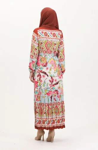 Amelya Farbalı Kuşaklı Viskon Elbise S-m-l-xl Beden 4588AD-02 Su Yeşili Kırmızı