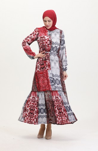 Amelya Flounce Belted Viscose Dress SML-XL Size 4588AE-02 Gray Red 4588AE-02