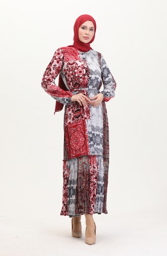 Amelya Flounce Belted Viscose Dress SML-XL Size 4588AE-02 Gray Red 4588AE-02