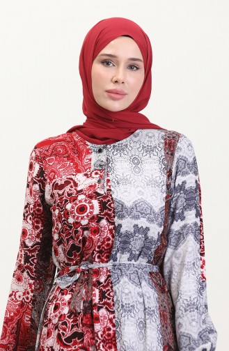 Amelya Flounce Belted Viscose Dress SML-XL Size 4588AE-02 Gray Red 4588AE-02