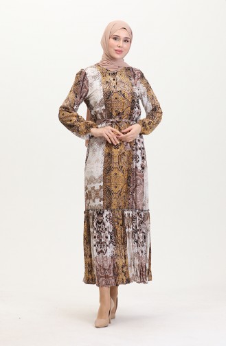 Amelya Flounce Belted Viscose Dress SML-XL Size 4588AE-03 Yellow Brown 4588AE-03