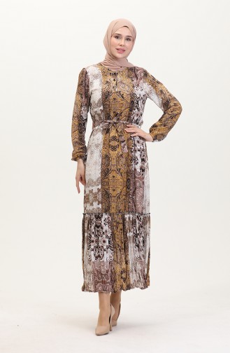 Amelya Flounce Belted Viscose Dress SML-XL Size 4588AE-03 Yellow Brown 4588AE-03