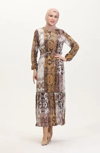 Amelya Volant-Viskosekleid Mit Gürtel S M L-XL Größe 4588AE-03 Gelbbraun 4588AE-03