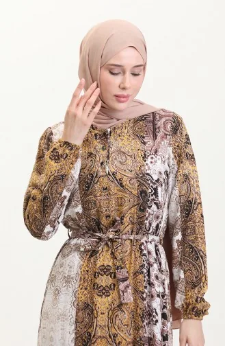 Amelya Volant-Viskosekleid Mit Gürtel S M L-XL Größe 4588AE-03 Gelbbraun 4588AE-03