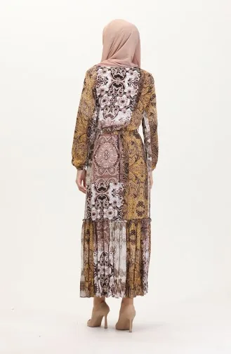 Amelya Volant-Viskosekleid Mit Gürtel S M L-XL Größe 4588AE-03 Gelbbraun 4588AE-03