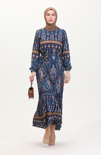 Amelya Farbalı Kuşaklı Viskon Elbise S-m-l-xl Beden 4588AF-02 Mavi