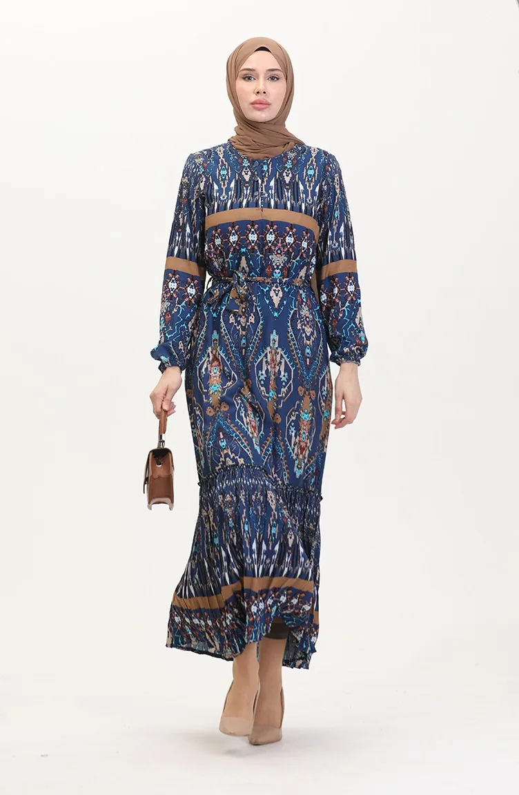 Amelya Volant-Viskosekleid Mit Gürtel S M L-XL Größe 4588AF-02 Blau 4588AF-02