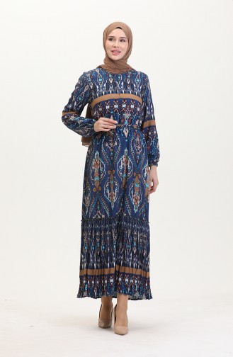 Amelya Farbalı Kuşaklı Viskon Elbise S-m-l-xl Beden 4588AF-02 Mavi