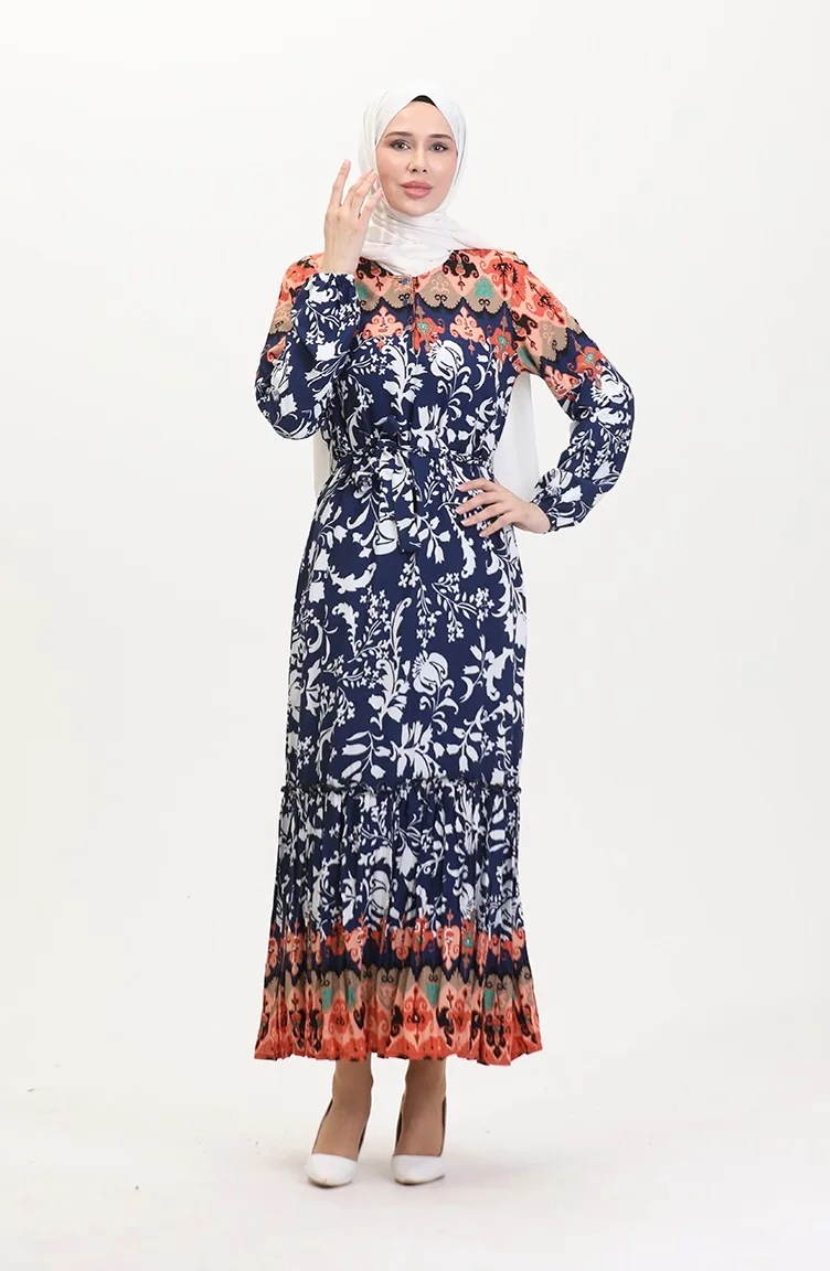 Amelya Volant-Viskosekleid Mit Gürtel S M L-XL Größe 4588AG-02 Marineblau 4588AG-02