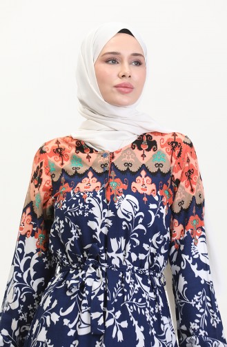 فستان فيسكوز منقوش بحزام 4588AG-02 كحلي 4588AG-02