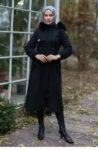 Tünel Detaylı Kaşe Kaban Siyah 1226