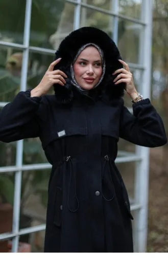 Tünel Detaylı Kaşe Kaban Siyah 1226