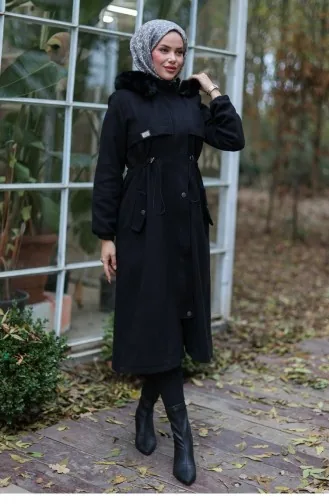 Tünel Detaylı Kaşe Kaban Siyah 1226