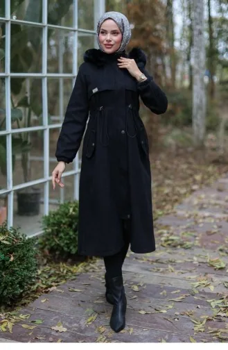 Tünel Detaylı Kaşe Kaban Siyah 1226