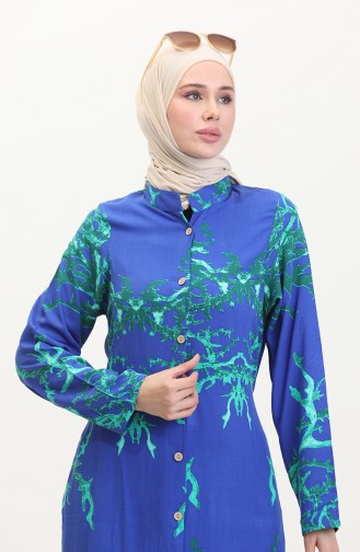 Tunique Longue Boutonnée Nouée Au Dos 2035-01 Bleu 2035-01