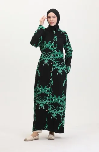 تونيك طويل منقوش بأزرار 2035-04 أسود أخضر 2035-04