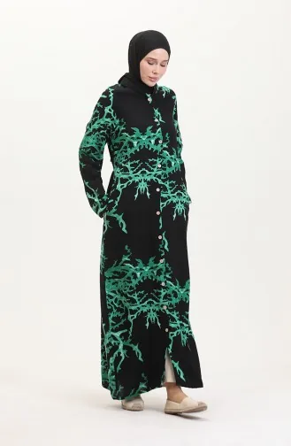 تونيك طويل منقوش بأزرار 2035-04 أسود أخضر 2035-04