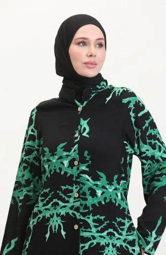 تونيك طويل منقوش بأزرار 2035-04 أسود أخضر 2035-04