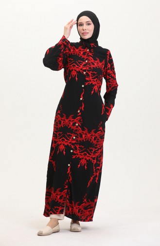 Tunique Longue Boutonnée Nouée Au Dos 2035-05 Noir Rouge 2035-05