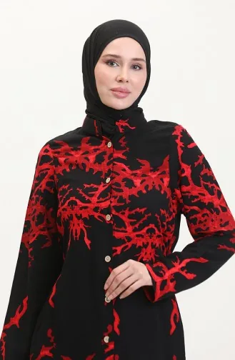 Tunique Longue Boutonnée Nouée Au Dos 2035-05 Noir Rouge 2035-05