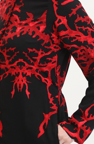 Tunique Longue Boutonnée Nouée Au Dos 2035-05 Noir Rouge 2035-05