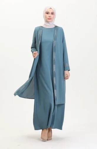 Büyük Beden Elbise Yelek İkili Takım 6140-02 Su Yeşili