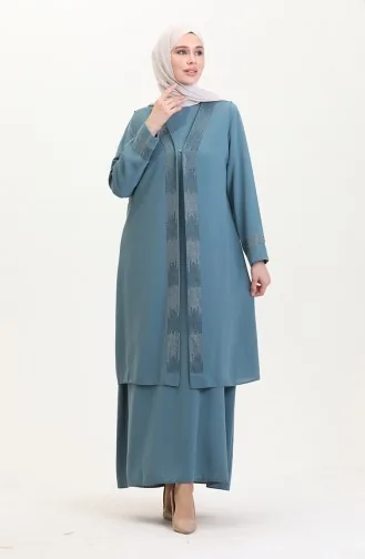 Büyük Beden Elbise Yelek İkili Takım 6140-02 Su Yeşili