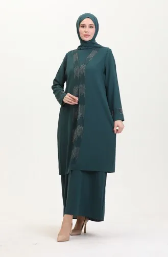 Ensemble Deux Pièces Robe Gilet Grande Taille 6140-07 Vert Emeraude 6140-07