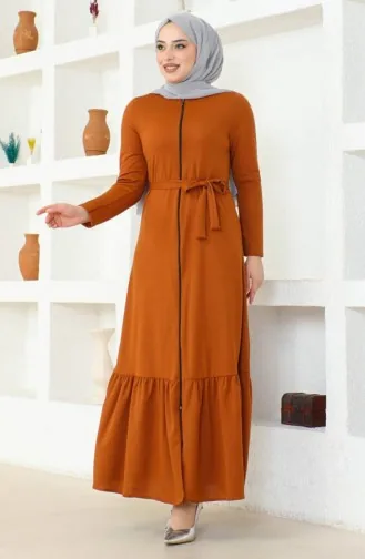 Abaya Mit Gürtel Und Gerafftem Saum 0703-11 Hellbraun 0703-11