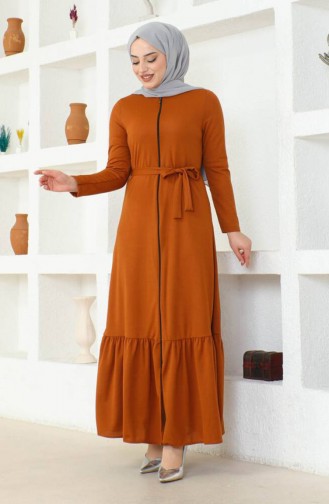 Pleated Belted Abaya 0703-11 Tan 0703-11