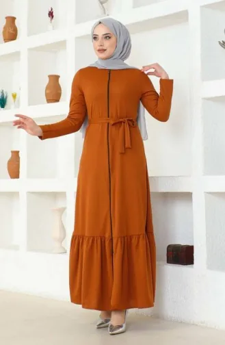 Abaya Mit Gürtel Und Gerafftem Saum 0703-11 Hellbraun 0703-11