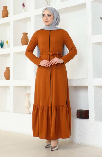 Pleated Belted Abaya 0703-11 Tan 0703-11
