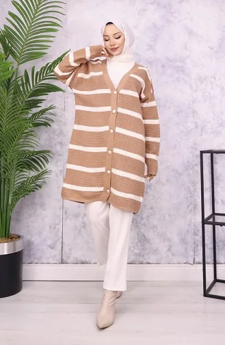 Fitilli Çizgili Triko Hırka 3090-01 Vizon